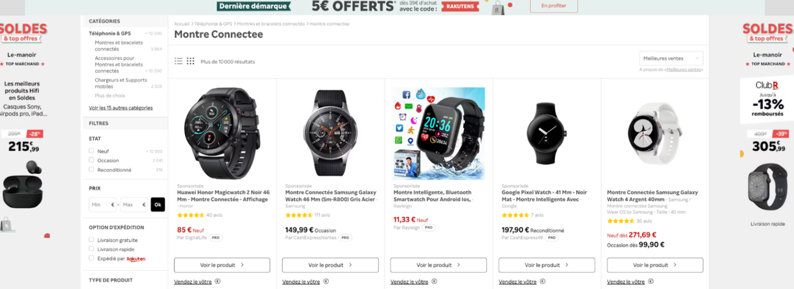 Image du site rakuten des différentes montre connectées