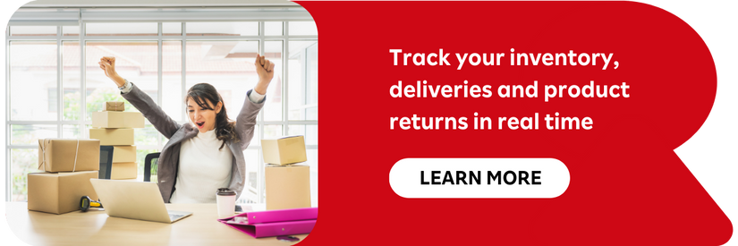 red cta woman with packages and computer